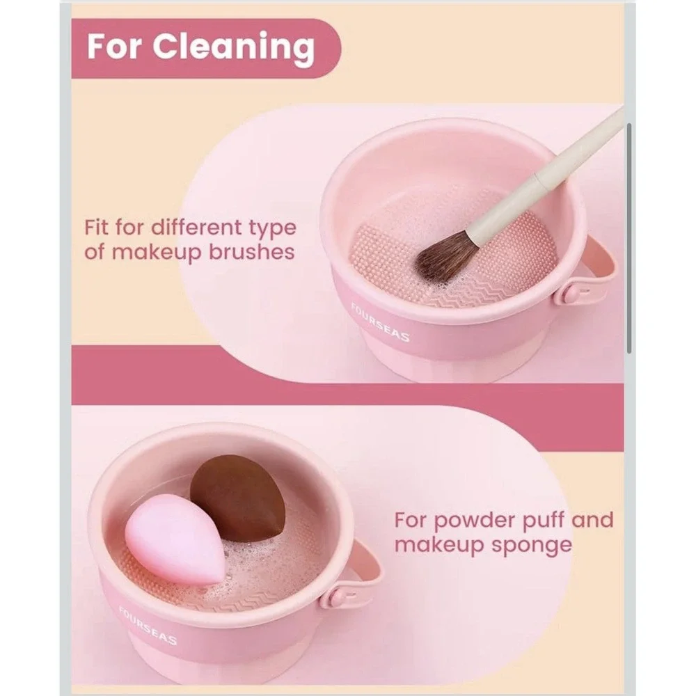 Makeup Brush Cleaner Mat 3 in 1 Silicone Makeup Brush Cleaner Bowl Cosmetic Pink